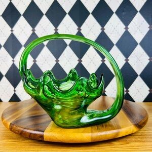 Green Glass Basket MCM Artistic Hand-blown Ruffled Handle Bowl| Luxury
